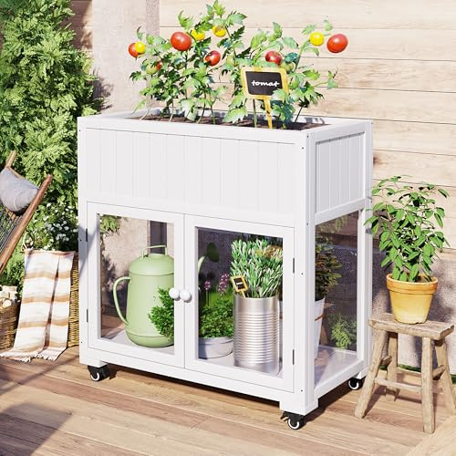 Patio 35.4''x17.7''x37.4'' Mini Wood Cold e, Compact 2 Doors GGreenhouse with Wheels, Raised Bed with Liner for Indoor Outdoor Use, White