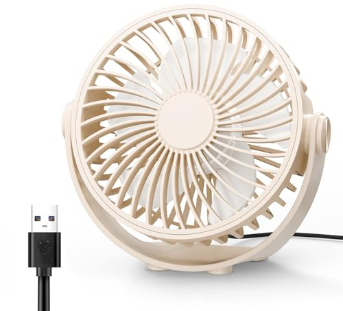 TriPole Desk Fan, Portable USB Fan Ultra Quiet, 3 Speed Powerful Table Fans with 360° Adjustable Head, Small Mini Fans for Office, Bedroom, Car, Kitchen, Outdoor (Beige)