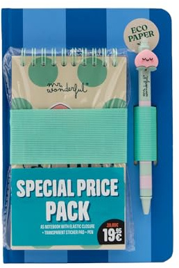 Mr. Wonderful Pack Back to Fun Blue – A5 Anteckningsbok, 3D-penna och album med 1 500 genomskinliga klistermärken