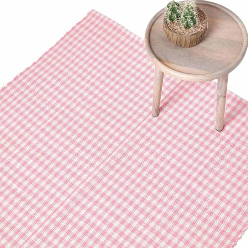HOMESCAPES – Tapis Vichy Carreaux - 100% Coton – Tissé à la Main - Rose Blanc – 70 x 120 cm – Lavable à la Maison – Grand Tapis pour Chambre d'enfants ou pour Salle de Bains
