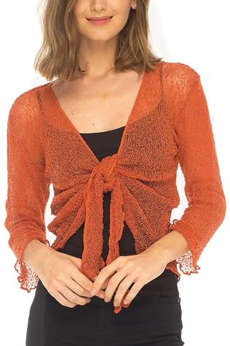 SHU-SHI - Cardigan/boléro à nouer - pour femme - transparent/léger/tricoté - taille unique - orange