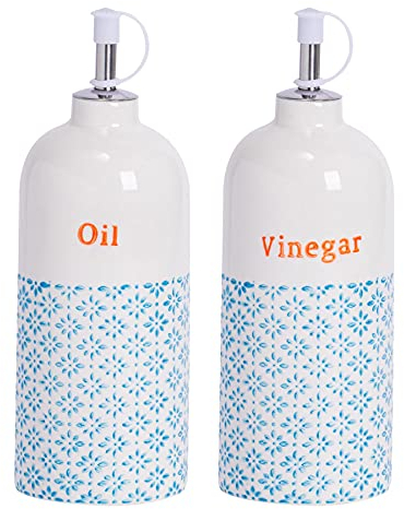Nicola Spring Olive Oil and Vinegar Bottles - 500ml - 2pc Porcelain Kitchen Hand Printed Blue Olive Oil & Vinegar Dispenser Cruets with Chrome Pourer Spout for Kitchens, Restaurants, Dining
