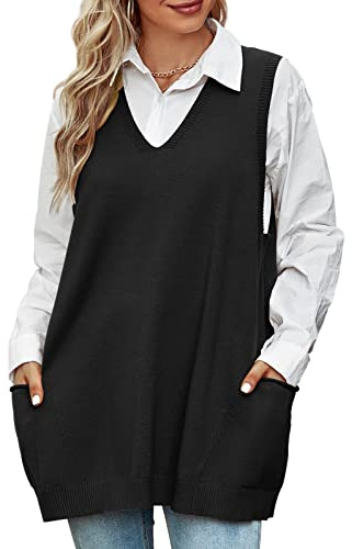 Niwicee Chaleco Jersey de Punto Mujer Suéter sin Mangas Punto Jerséis Tank Tops Casual Knitwear Vintage de Cuello V Pullover Vest con 2 Bolsillos para Otoño Invierno