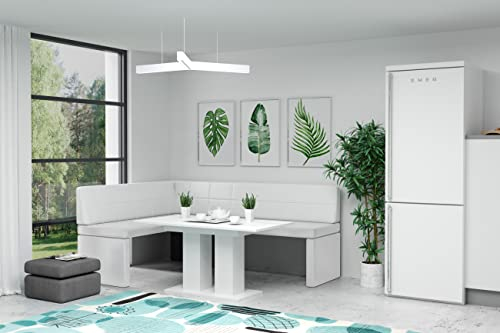 GREKPOL Eckbank Marta Küchenbank Sitzecke Kunstleder pflegeleicht (Weiß, 142x196cm Links)