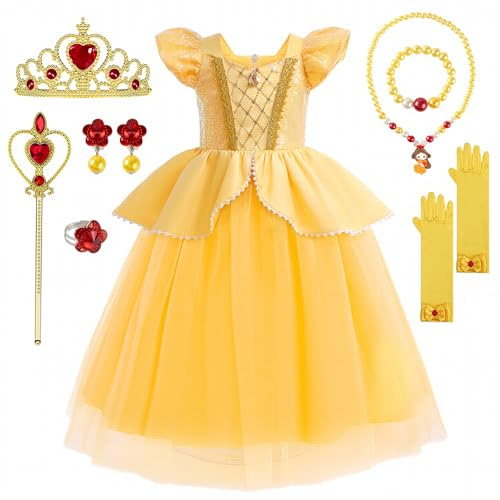 YYDSXK Vestito Principessa Bambina, Costume Rosa Bella e la Bestia Con Set Corona, Regalo per Compleanno Carnevale Cosplay