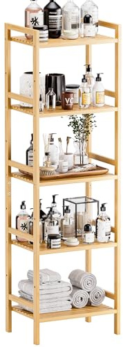 HITNET 5-nivåers bokhylla, bambu bokhylla stor öppen förvaring rack arrangör växt display stativ, fristående badrum hyllor enhet med justerbara hyllor, naturliga