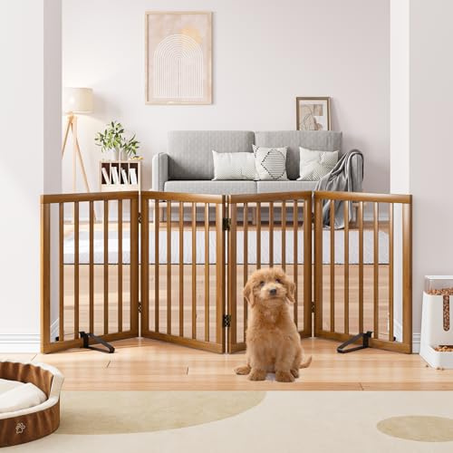 Semiocthome Freestanding Dog Gates and Barriers Indoor Pet Gates for Doorways and Stairs 60cm (H) - 4 Panels Puppy Gate with 2 Metals Stands Adjustable Safety Fence Fit Up to 188cm - Walnut