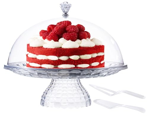 eGenuss Porte gateau sur pied avec cloche plat a tarte pâtisserie + couteau et pelle à tarte inclus | L | Ø 30cm rond | 1 ensemble