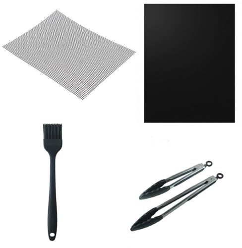 Set di 5 tappetini per barbecue, 2 tongs e 1 spazzola in silicone, tappetino in rete per barbecue