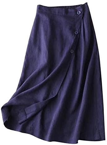 Femmejupe Mi-Longue En Coton Et Lin Chic Et éLéGant Jupe A-Ligne LéGer Et Respirant Jupe EvaséE Boutonné Couleur Unie D'éTé Casual Quotidienne