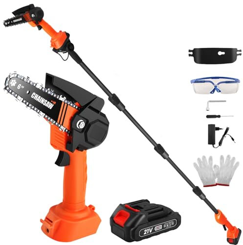 Motosierra Eléctrica Telescópica hasta 2,3m, Podadora de Pértiga con Batería, Mini Motosierra Batería 4000 mAh, 6 Pulgadas Sierra Eléctrica Telescópica para Poda, Cabeza del Motor Orientable a 180°