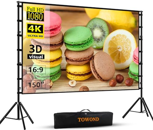 Towond Projektor-Leinwand und Ständer, 381 cm (150 Zoll), tragbar, 16:9 HD, Hintere Vorderseite, Garten, Filmleinwand mit Tragetasche, faltenfrei, verdickte Halterungen, Design für Hinterhofkino