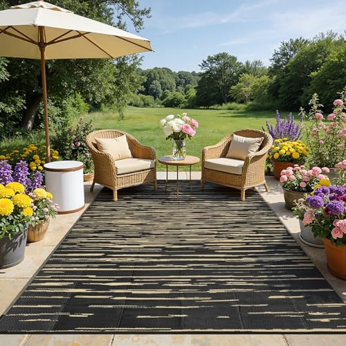 SHACOS Outdoor Teppich Wetterfest 240x300 cm Balkon Teppich Waschbar Außenteppich Picknickdecke Wendbar UV Beständig Kunststoffteppich für Terrasse Camping Garten Pool, Schwarz