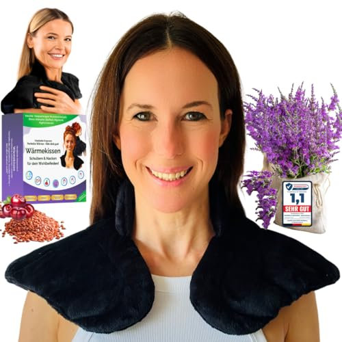 Heatbelle Empower® Kirschkernkissen für Nacken und Schulter – Körnerkissen für Mikrowelle- Beruhigender Lavendel Duft & natürliche Wärme - extra große Abdeckung (Schwarz)