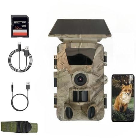 Cámara de caza solar WiFi con aplicación de transferencia de teléfono, vídeo 5K HD WiFi, Bluetooth, cámara de animales salvajes con visión nocturna, detector de movimiento, panel solar de 5200 mAh