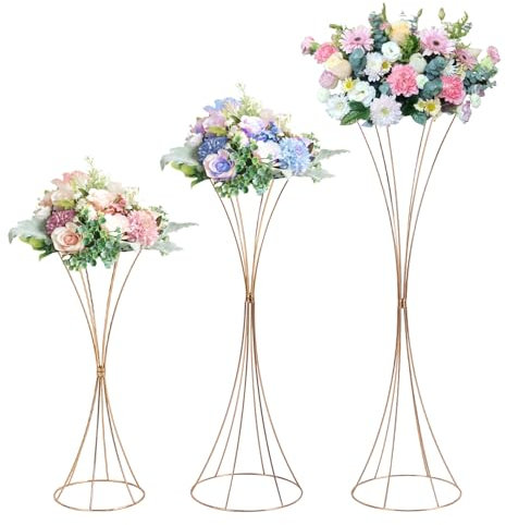 SABUIDDS Lot de 3 supports de fleurs en métal pour mariage - Colonne décorative - Vase cylindrique - Décoration pour mariage, fête, jardin, doré