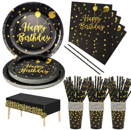 Nkaiso Anniversaire Party Vaisselle,121pcs Noir Or Kit Vaisselles Papier Assiette Tasse Serviette, Enfants Fête Anniversaire Décoration -24 invités