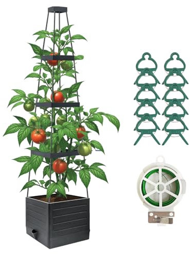 JQTOP Fioriera rialzata da giardino con traliccio, 147,7 cm, fioriera per pomodori con traliccio per piante rampicanti, ortaggi, fiori di vite, gabbia per pomodori autoirrigante, per giardino, patio