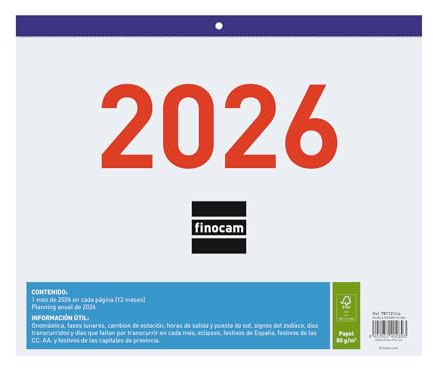 Finocam - Calendrier mural grands chiffres 2026 avec vue janvier - décembre (12 mois) | Calendrier 2026 | Planificateur mensuel | Judilla 2026 - Espagnol