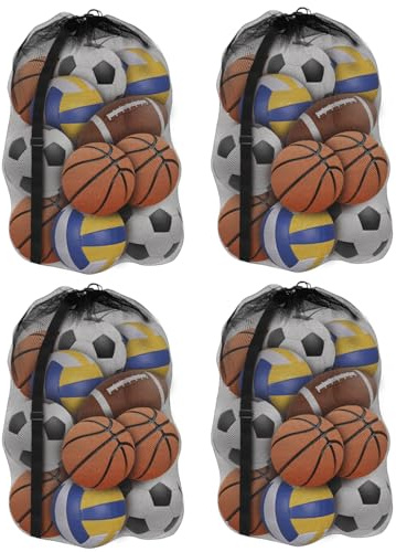 YOUEON 4 Pcs Extra Large Mesh Ball Bags 30 x 40 Inch, Heavy Duty Sports Ball Bag with Drawstring Closure & Adjustable Shoulder Strap, Black Ball Storage Bags for All Kinds of Balls, Laundry