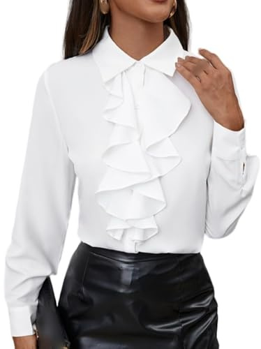 Women Vintage Victorian Frilly Ruffle Shirt Blouse Elegant Button Down Long Sleeve Tops Classic Solid Formal Lapel Collar Blouse Work Tops(White,Medium)