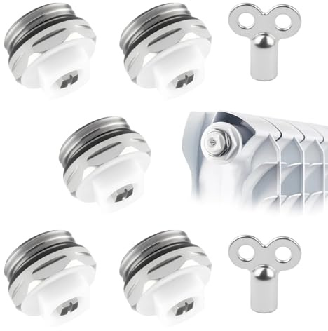 Lot de 5 Vannes de Purge pour Clé Purge Radiateur, 1/2 Pouce en Laiton Nickelé, avec 2 Clés de Purge, Chauffage Purgeur, Compatibles Chauffage Central, Compatible Chauffage Central