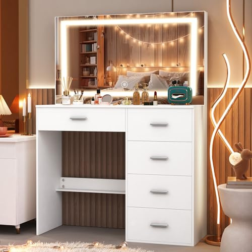 Puselo Tavolo da toeletta con illuminazione a LED e specchio, tavolo da toeletta con 5 cassetti e sgabello, tavolo cosmetico bianco per camera da letto 80 x 36 x 130 cm