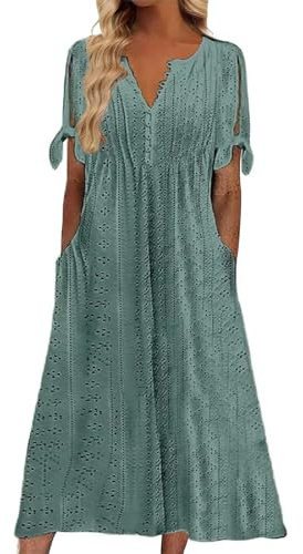 nnOuOnn Summer Maxi Dresses for Women UK 2026 Boho Casual Elegant Ladies Dress Fashion Floral V-Neck Button Short Sleeve with Pockets Sundress Beach Vacation Party Holiday (L, DarkGreen)