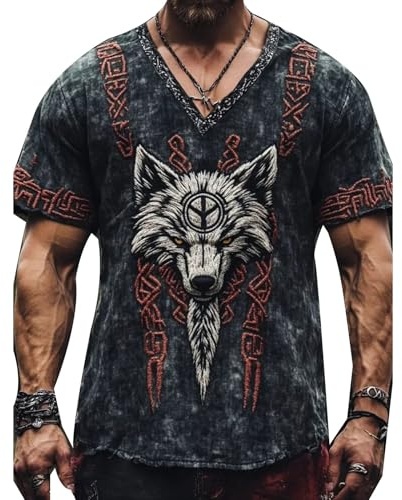 Camiseta Viking para Hombre Ropa Viking Vintage de Manga Corta con Estampado de Lobo Camisetas étnicas para los Amantes de la Cultura nórdica