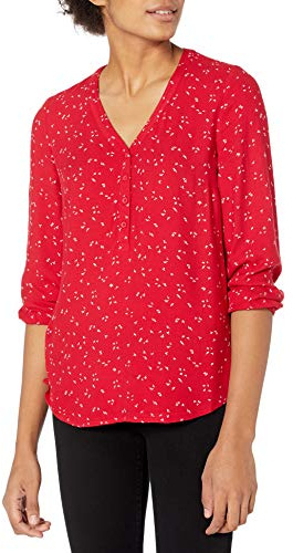 Amazon Essentials Chemise boutonnée à Manches 3/4 pour Femme, Motif Floral à Feuilles Rouges, Taille XXL