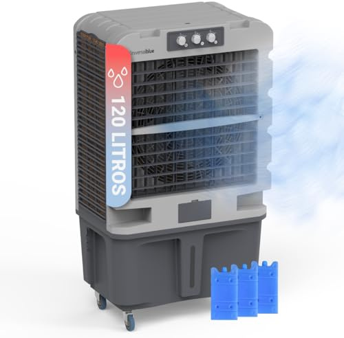 UNIVERSALBLUE Climatizador Modo Evaporativo y Frío Portatil | Aire Acondicionado Natural | x3 Packs de hielo | Capacidad 120L | 3 Velocidades | Silencioso | 10.000 m³/h | Superficies de 80 m²