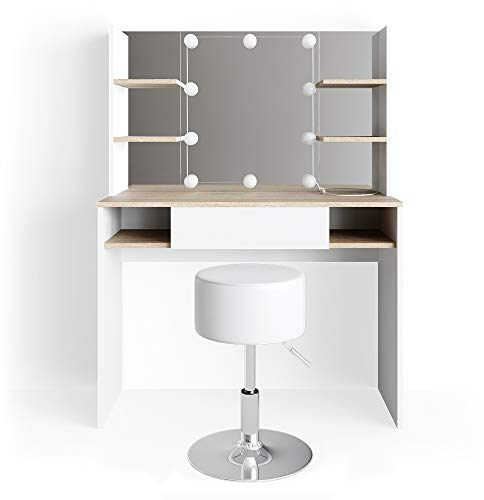 Vicco Schminktisch Daenerys, Weiß/Sonoma, 100 cm mit LED Beleuchtung und Hocker