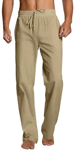 Mens Linen Trousers Casual Elastic Waist Summer Beach Loose Yoga Trousers Beige M