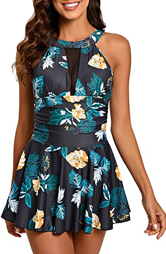 FLYILY Maillot de Bain 1 Pièce avec Jupette Maillot Une Pièce Robe de Plage Amincissante Rembourré Vintage Ruched Abdominal Contrôle(YellowLeaf,XL)