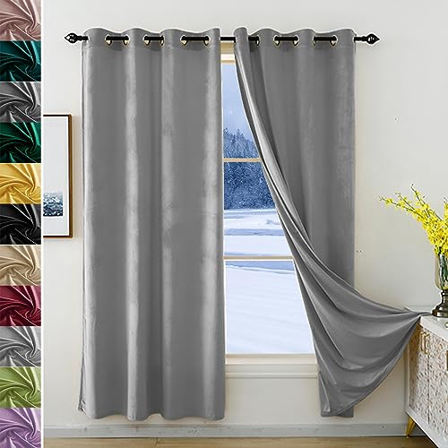 JRUI Cortinas Terciopelo 1 Piezas Cortinas de Casa con Ojales Cortinas Aislantes Termicas 260 x 240 cm(AnchoxAlto) Blackout Curtains Aislamiento Acustico para Habitacion Dormitorio/Salon Gris Claro