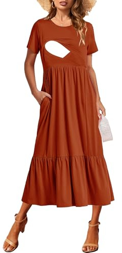 CzzzyL Womens Maternity Nursing Dress Short Sleeve Crewneck Smocked Flowy Maxi Length Baby Shower Ruffle Pleated Dresses with Pockets(Orange,Large)