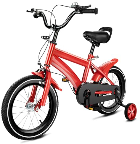 14 tums cykel barncykel mountainbike, barn ungdom pojkar r balans cykel flicka MTB cykel cykel cykel, halkfria och slitstarka hjul, med stödhjul cykel, 3–6 år, röd cykel