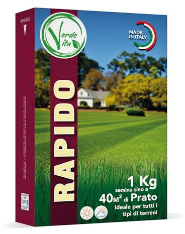 Verdevita Semi Prato Rapido - Semi Germinazione Veloce - Manto Verde Brillante Resistente al Caldo - Prato Veloce e Duraturo - 1 kg per 40m2
