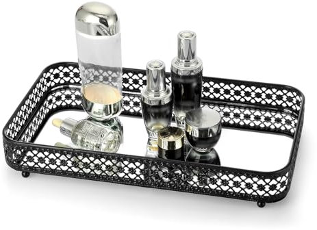 ELLDOO Schwarzes Parfüm- und Make-up-Schminktablett – hohlgeschnitzte Schmuckaufbewahrung, Glas- und Metallschmuck-Organizer für Kommode und Badezimmer-Arbeitsplatte, große Größe