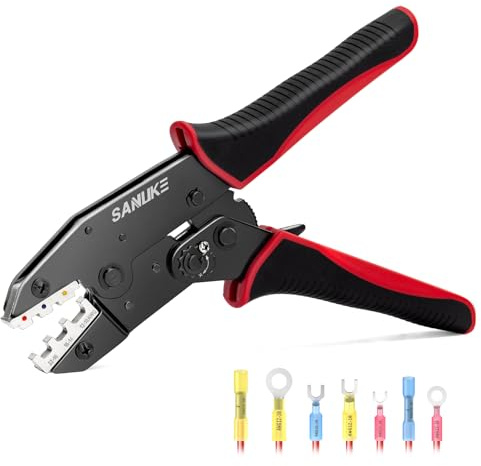 Sanuke Ratchet Crimping Tool for Heat Shrink Connectors (AWG 22-10), Wire Terminal Crimper for Insulated Nylon Connectors, Crimping Pliers for Electrical Repairs, Auto Wiring & Home Projects