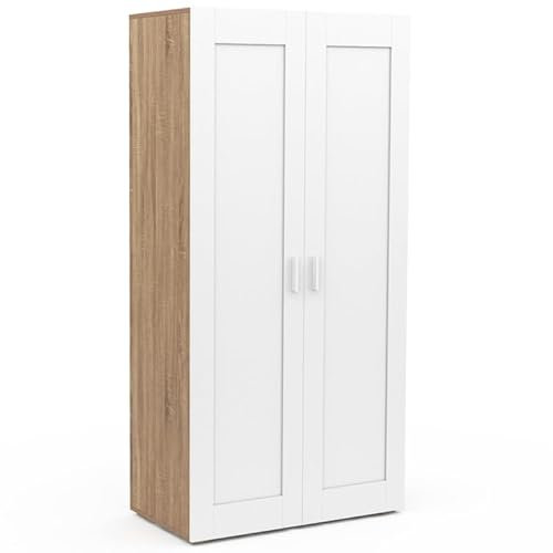 IDMarket - Armoire 2 Portes VITO Blanc et Bois penderie 80 cm avec étagères Rangement Maxi capacité