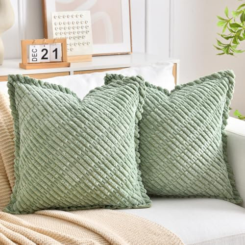 Kissenbezug 40x40 Kissen Grün 2er Set Kissenbezüge Kordsamt Boho Kissen Dekokissen Sofakissen Kord Kissenhülle Couchkissen Dekorative Zierkissenbezüge Bezug Weich für Wohnzimmer Schlafzimmer