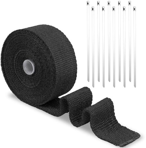 eupdd 15M Hitzeschutzband Auspuff Dichtband: Auspuff Hitzeschutzband mit 10 Stück 300mm Edelstahl Kabelbinder, Auspuff Dichtband, Hitzeschutz Auspuff ffür Motorrad Fächerkrümmer Thermoband