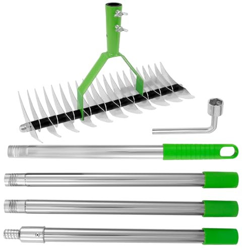 13'' Thatch Rake Double Sided Tines Lawn Thatching Rake with 67'' Long Handle Garden Moss Removal Tool Grass Dethatcher for Lawn Aeration and Leaf Collection