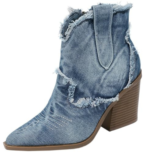 DINTAHA Denim Cowboy Boots Short Cowgirl Boots Stacked Chunky Heel Ankle Boots Embroidered Western Boots