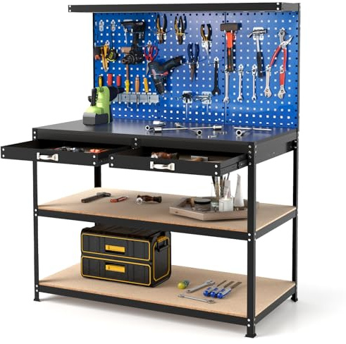 GYMAX Établi Garage Atelier avec Table de Travail, 24 Crochets pour Rangement d'Outils, Panneau Perforé, 2 Tiroirs, 3 Etagères Ouvertes, Charge Max. 230 KG (Bleu)