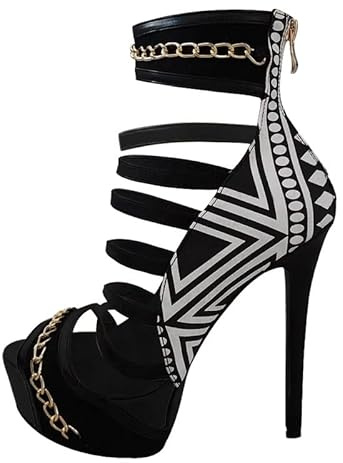 MissHeel Fashion Gladiator Metal Chains Ankle Boots for Women Peep Toe Zip up Stiletto Heeled Platform Sandal Boots for Party Wearing Black Size 12