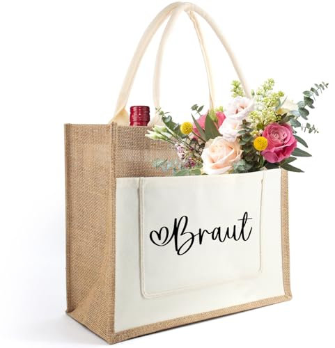 Tarklanda Braut Jute Tragetasche, Braut Geschenk Jute Einkaufstasche, Bride Tote Bag aus Jute, Geschenk für Brautdusche, Junggesellenabschied, Hochzeit, JGA Accessoires