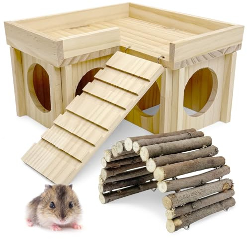 BNOSDM Wooden Hamster Hideout Dwarf Hamster Wood House with Ladder Gerbils Climbing Exploring Toys Cage Accessories for Syrian Hamsters Mice and Other Small Pets