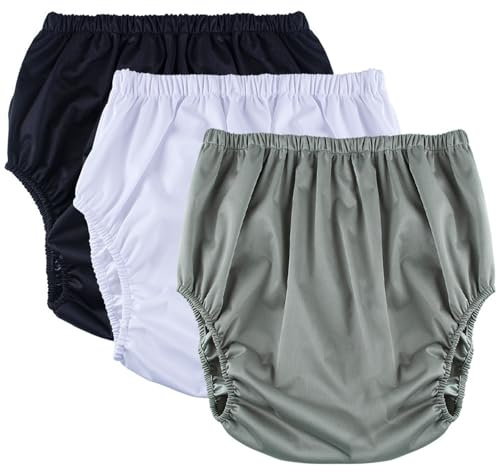 Lot de 3 Culottes en Plastique pour Adulte,Couvre-Couche pour Incontinence Imperméables Réutilisables pour L'Incontinence(Black+white+grey,Large)